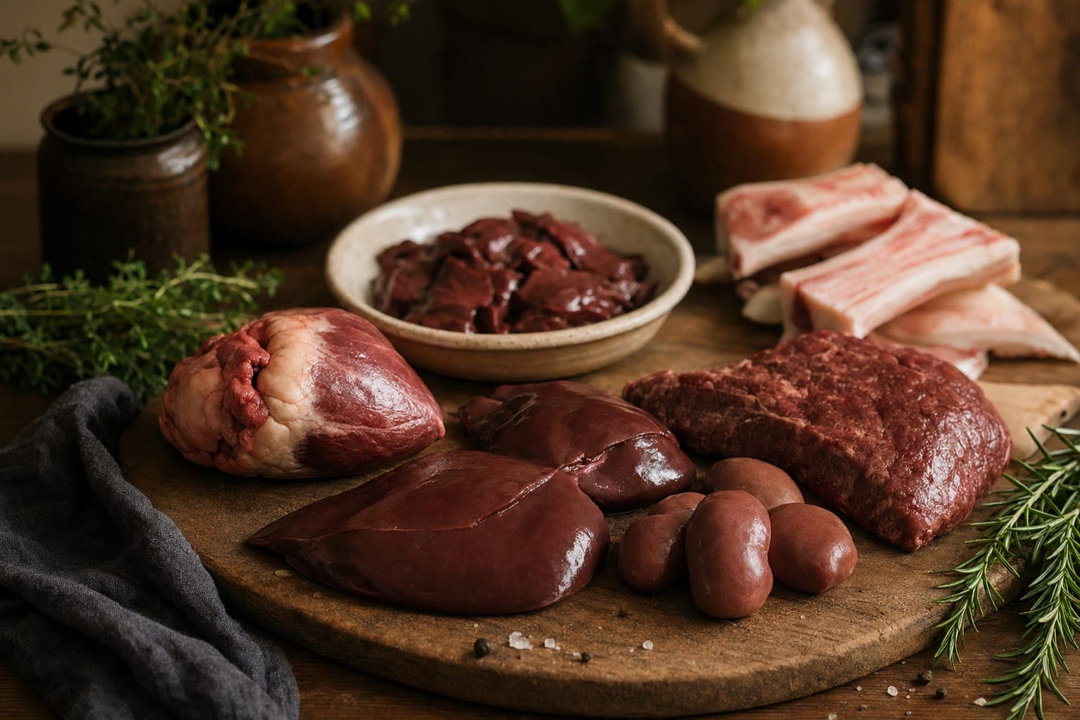 A board of raw organ meats and cuts in warm light