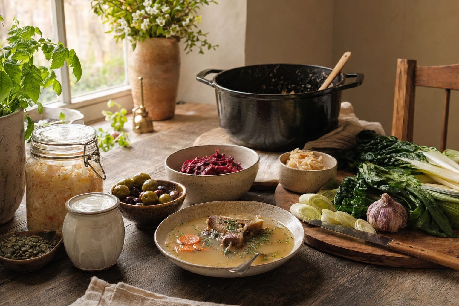 A pot of stew with fresh vegetables on a rustic table