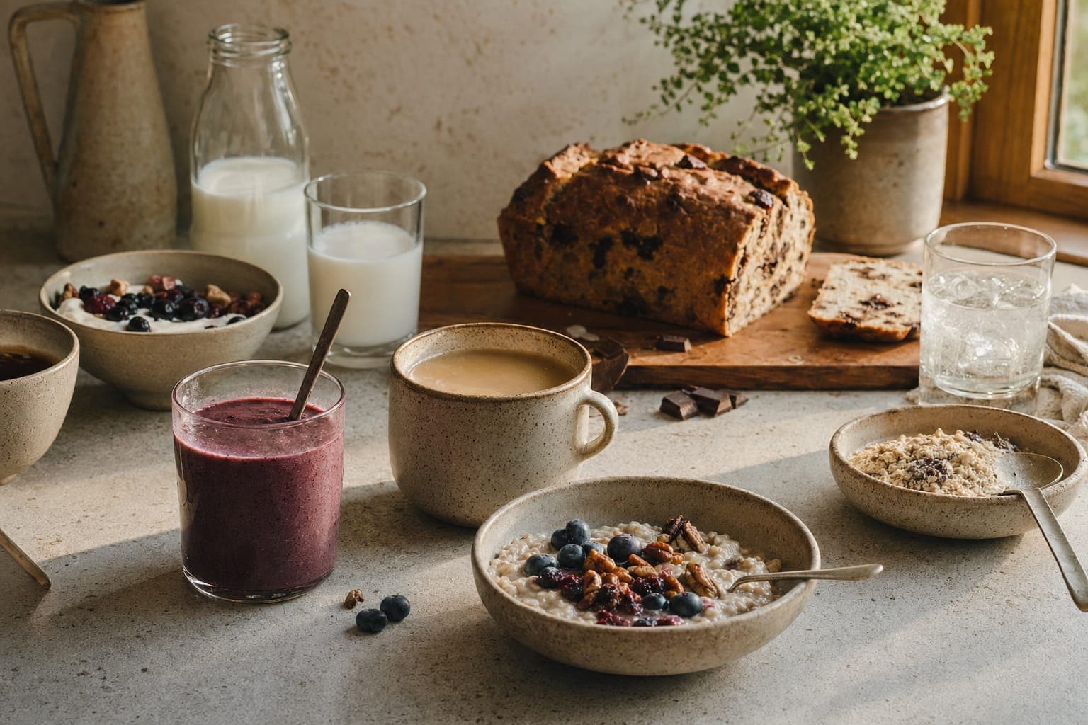 Bread, dates and bowls on a kitchen counter in warm light