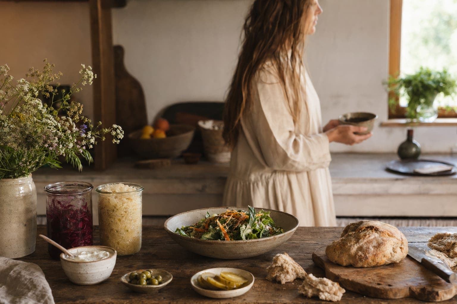 A woman in a herb-filled kitchen in soft natural light