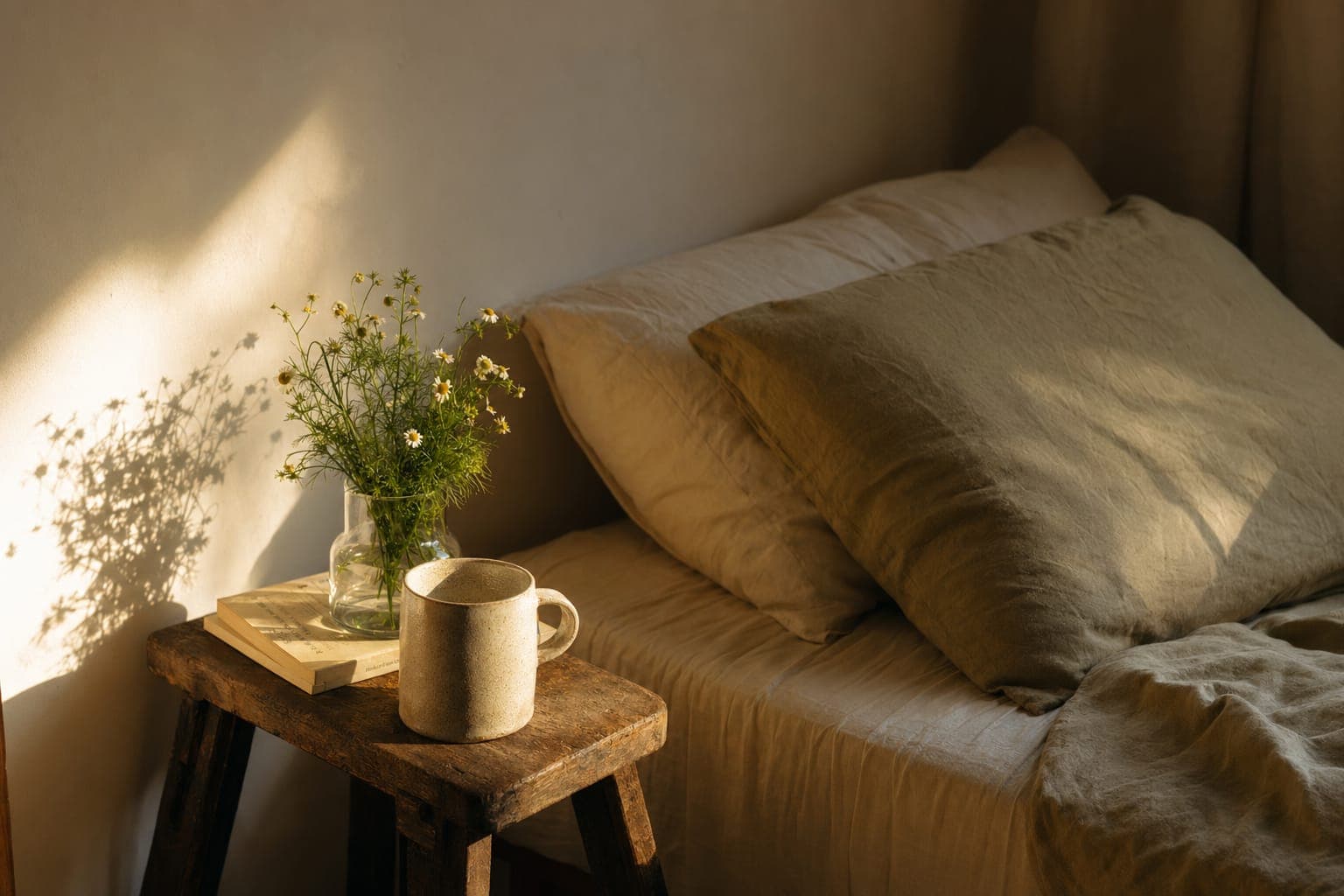 A linen bed with a warm mug in soft morning light