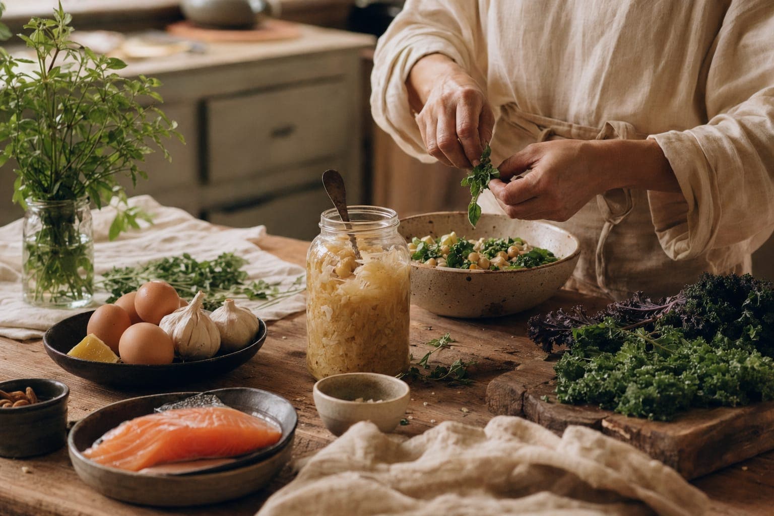 A person preparing greens and citrus at a counter in warm light
