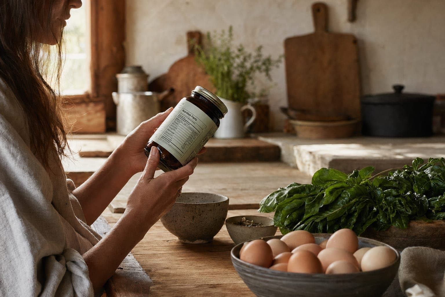 Hands pouring oil at a counter with whole foods in warm light