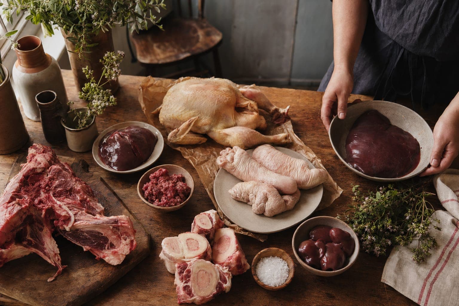 A spread of organ meats and vegetables on a dark table