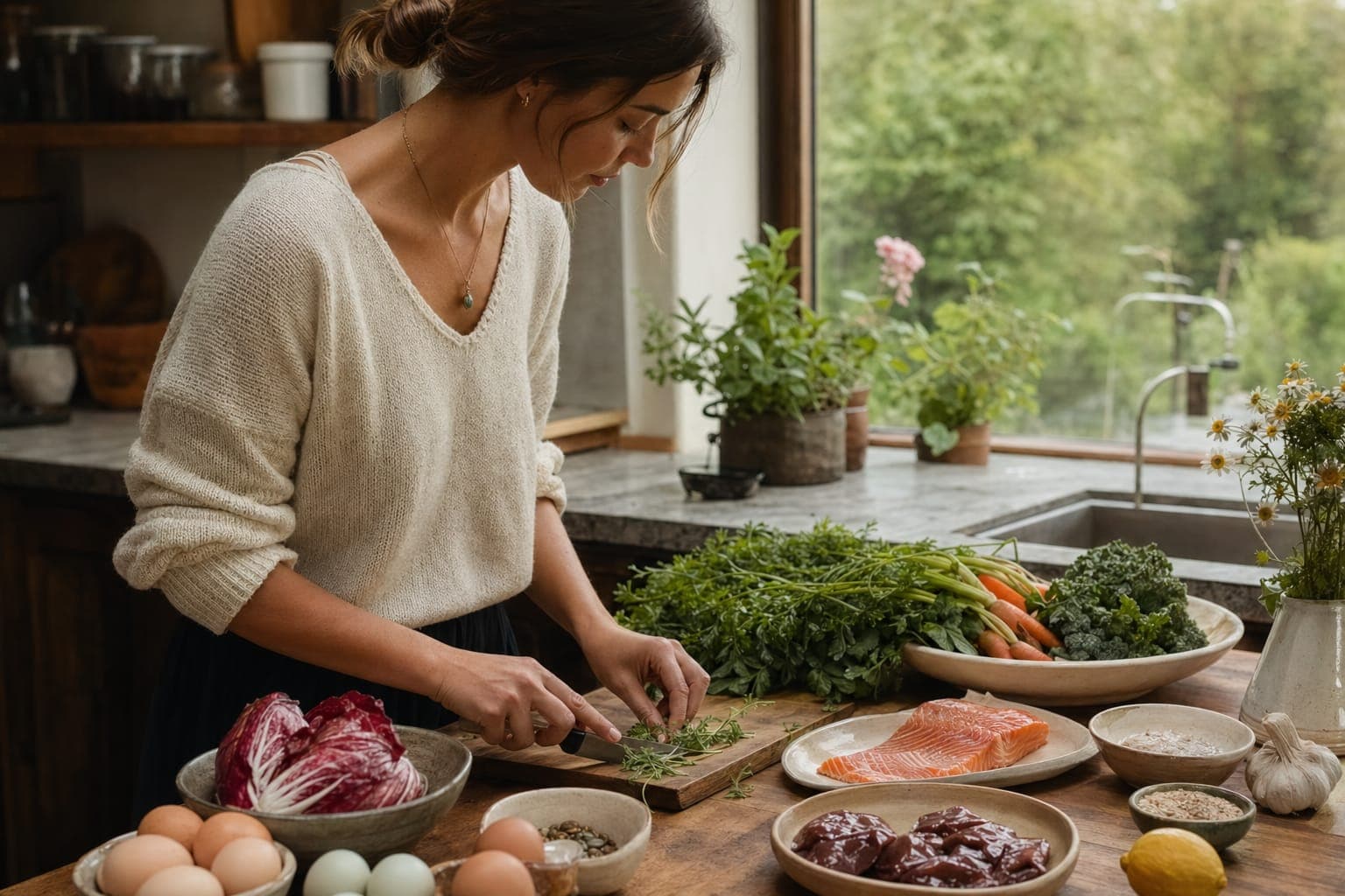 A woman preparing greens at a kitchen counter in soft light