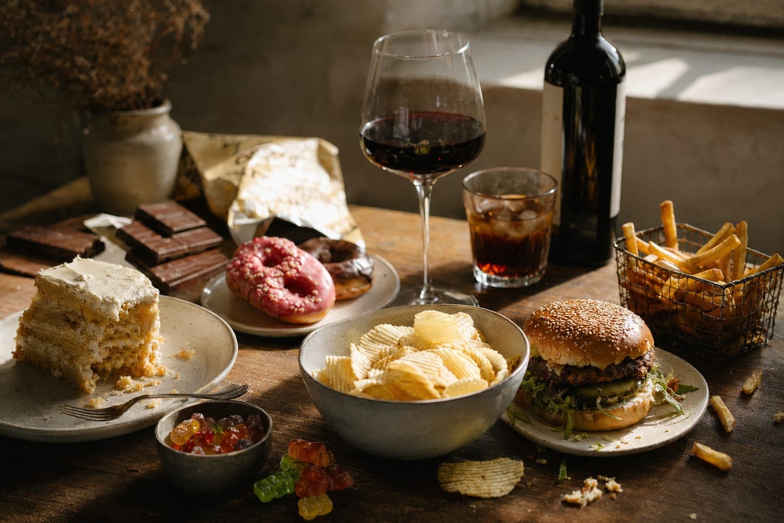 Cured meats, bread and cheese on a kitchen counter in warm light