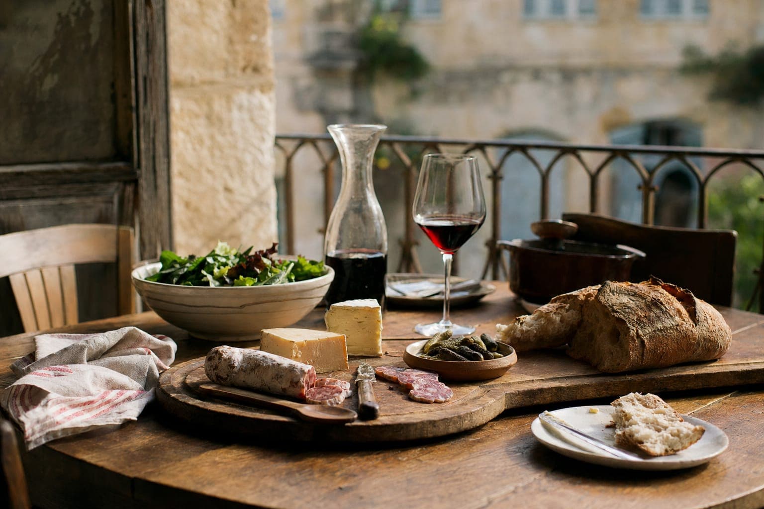 Charcuterie and wine on a rustic counter in warm light