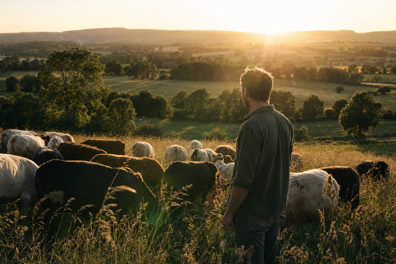 A person walking through a field with cattle at sunset