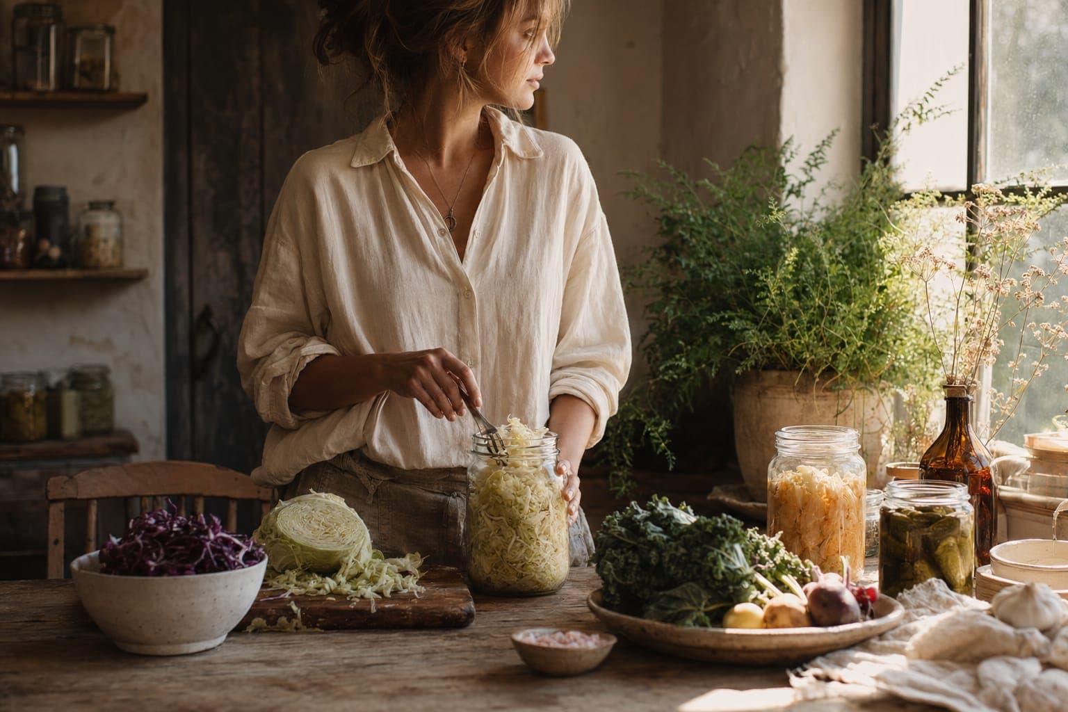 A woman preparing cabbage and vegetables at a counter in warm light
