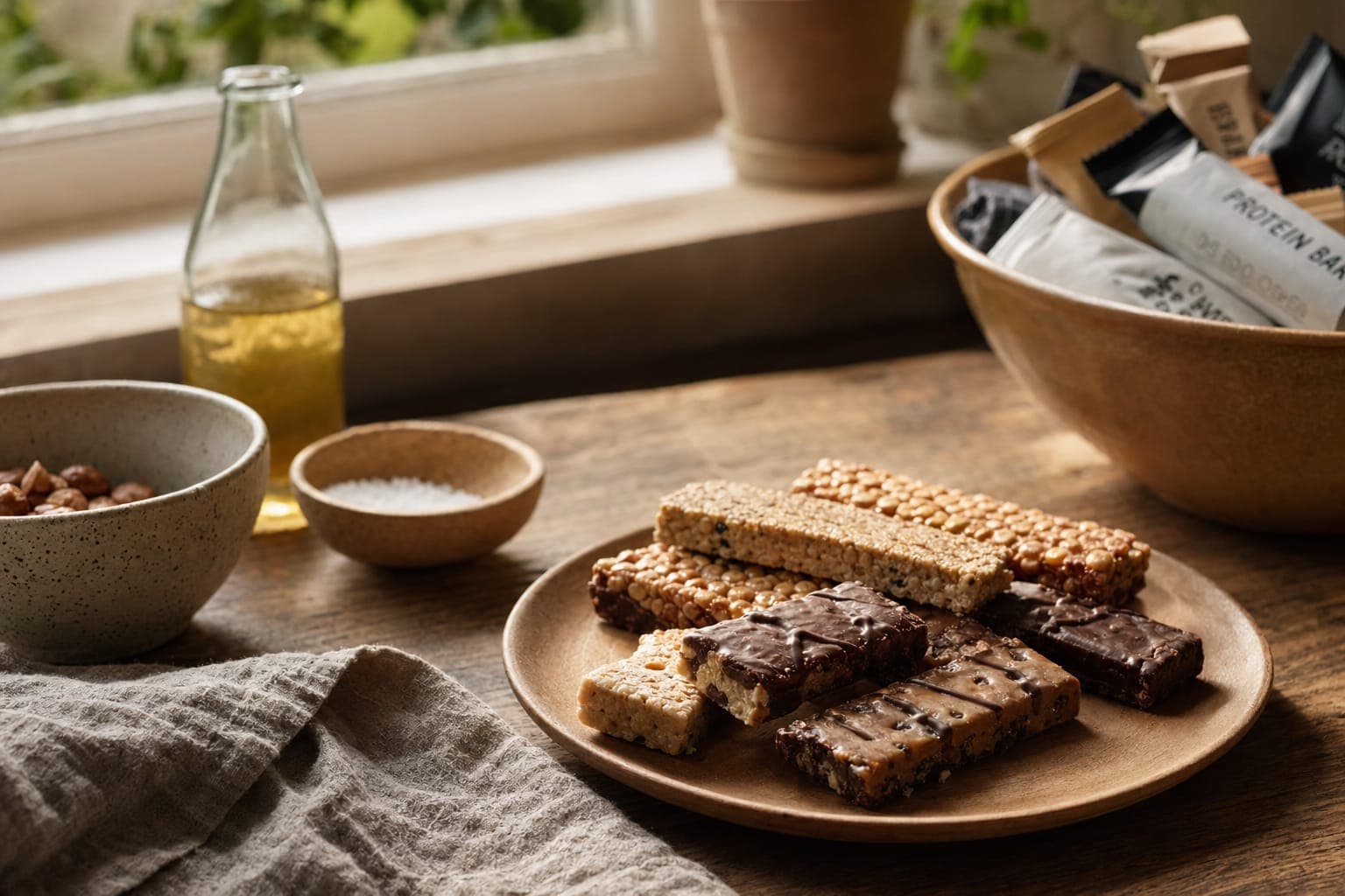 Bread, eggs and bowls on a kitchen counter in warm light