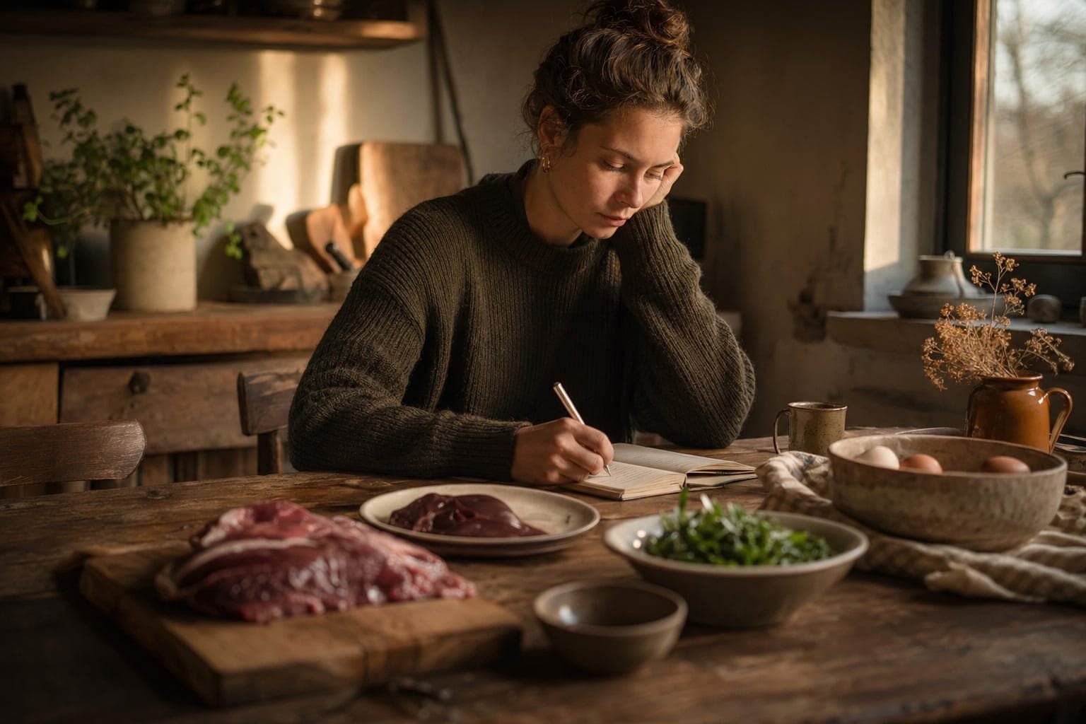 A man eating at a table with whole foods in warm light