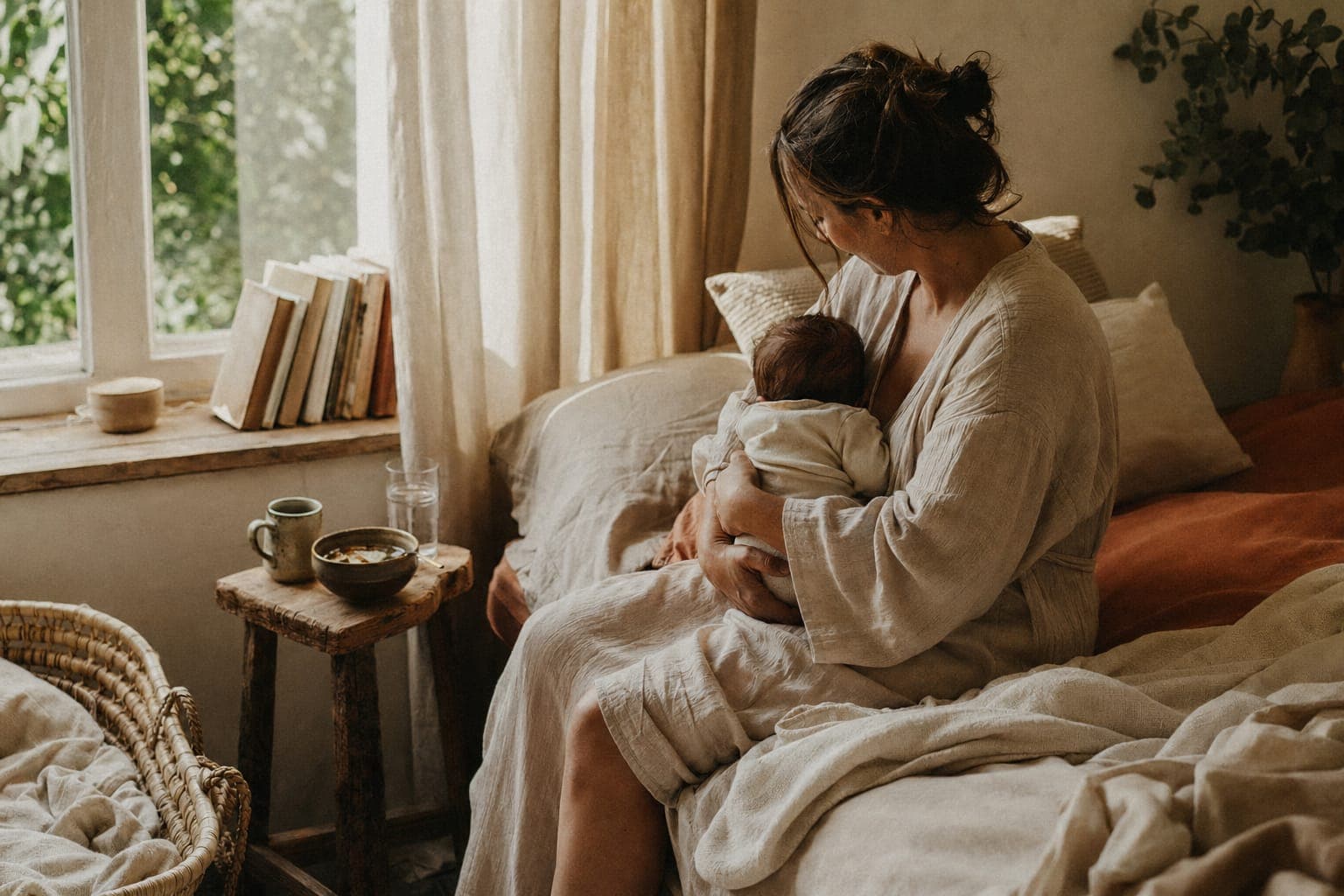 A pregnant woman resting in soft natural light