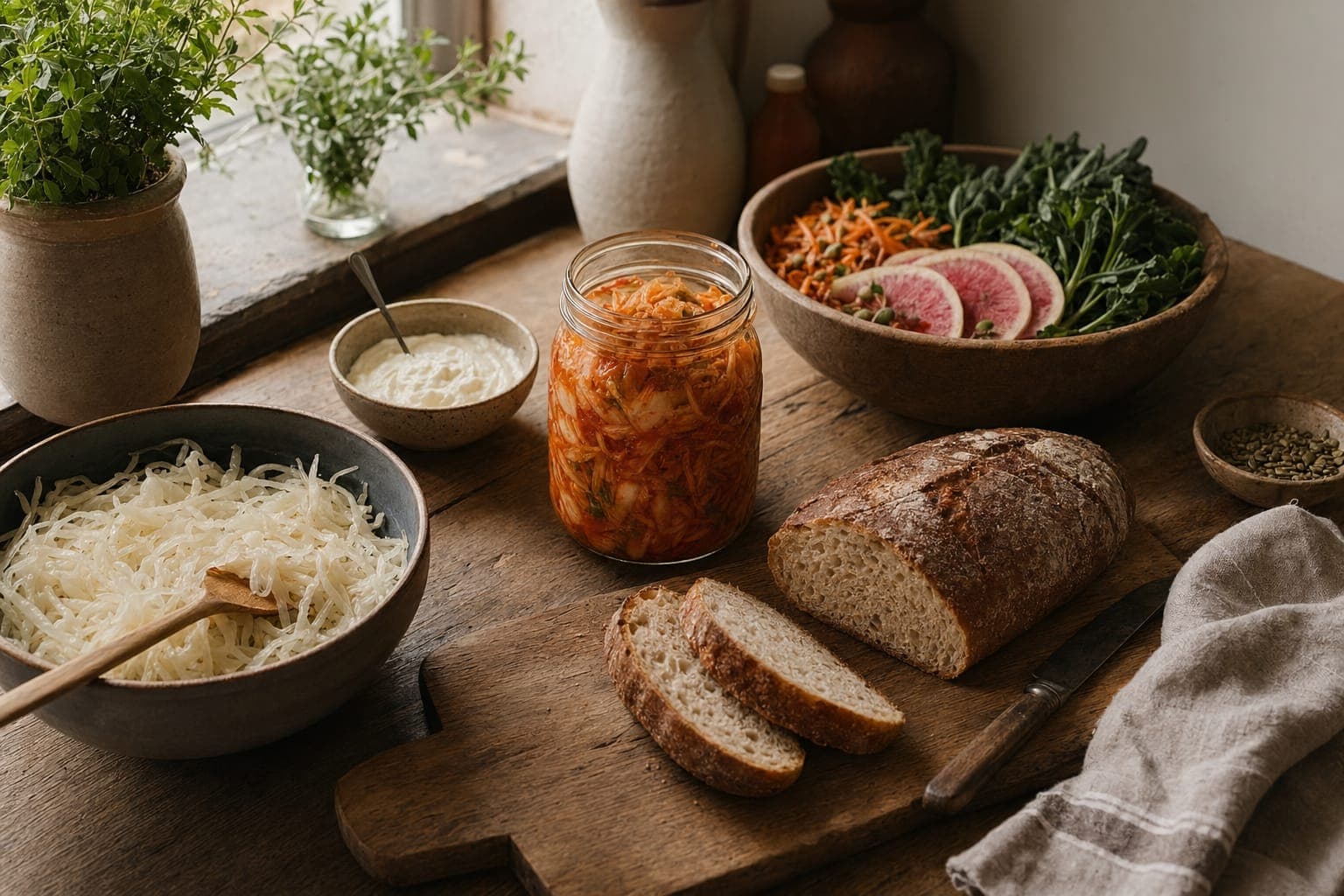 Bread and organ meat on a kitchen counter in warm light