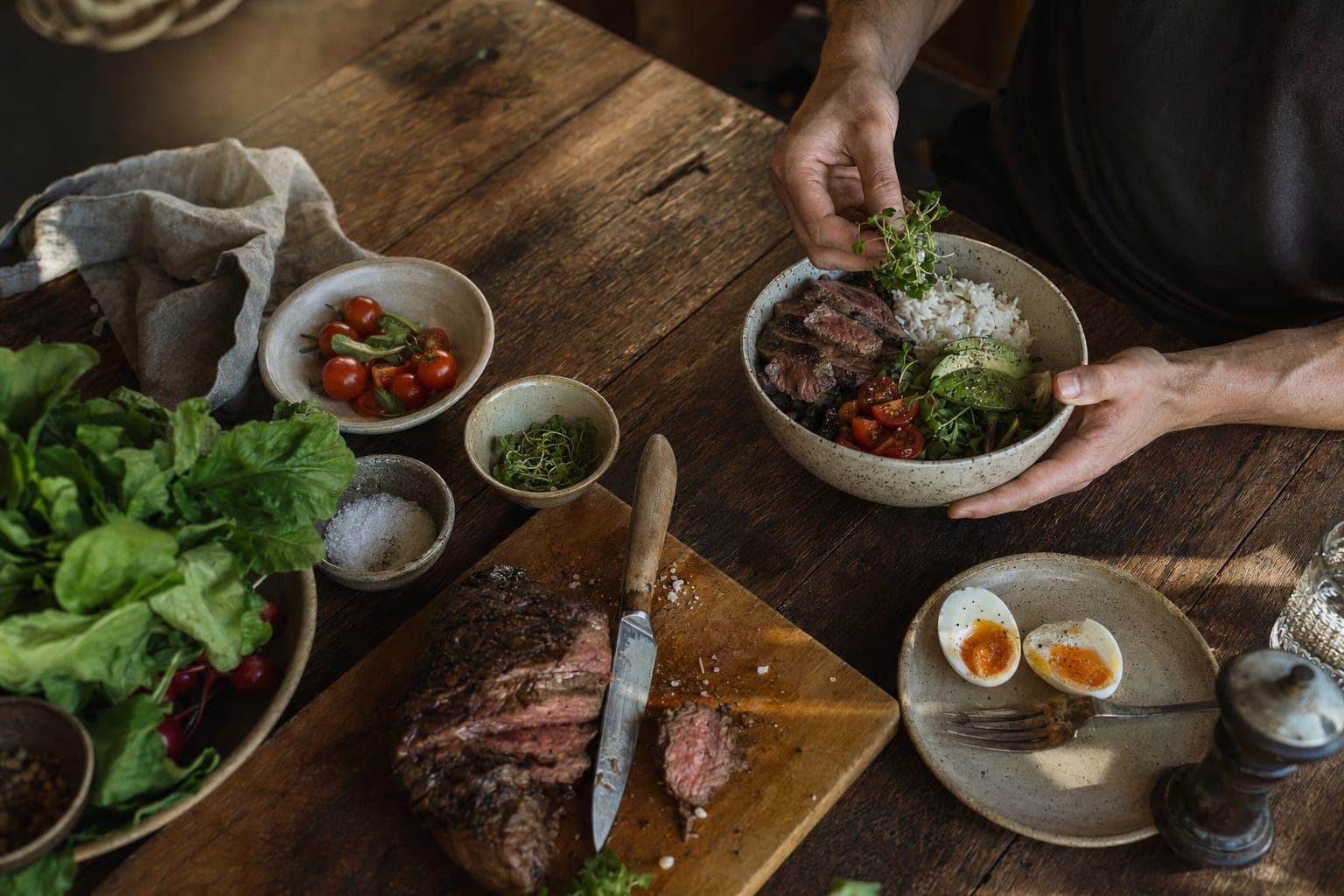 A spread of leafy greens and raw meat on a dark table