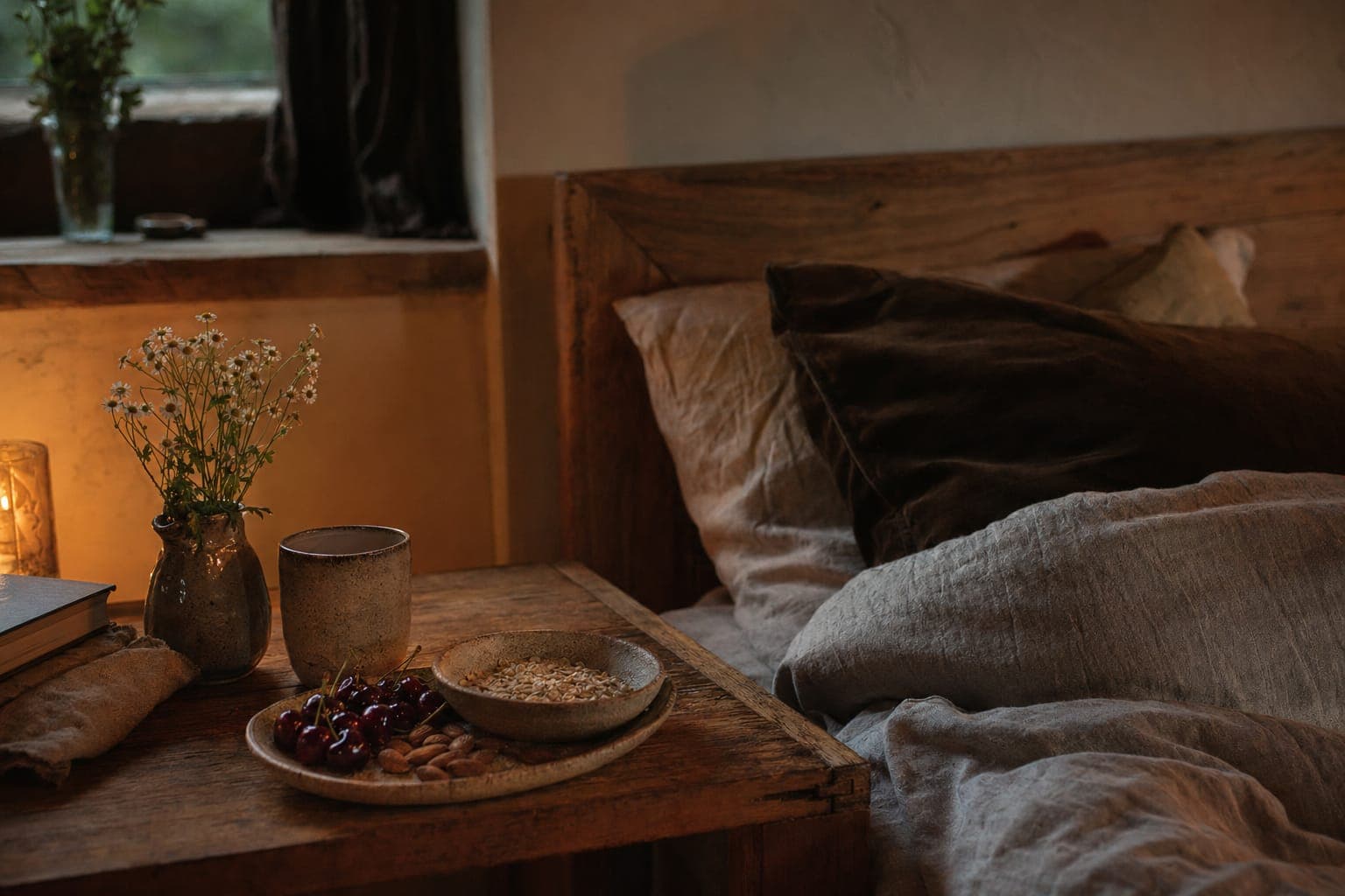 A linen bed in soft warm light for restful sleep