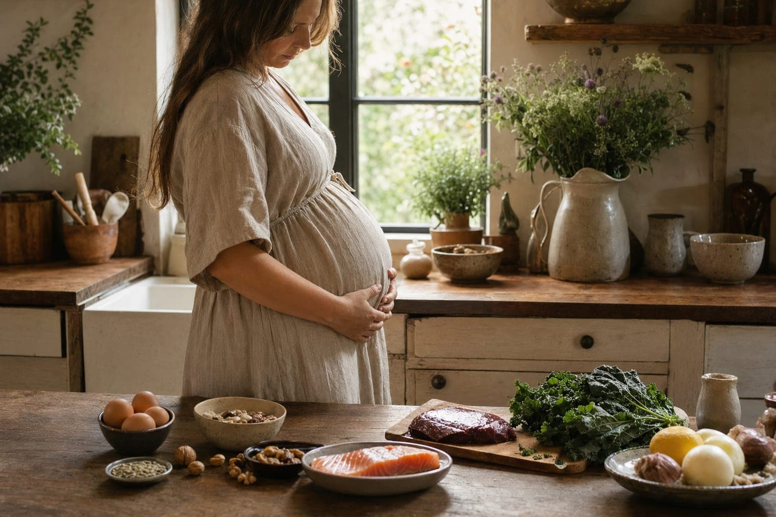 A woman preparing food at a kitchen counter in soft light