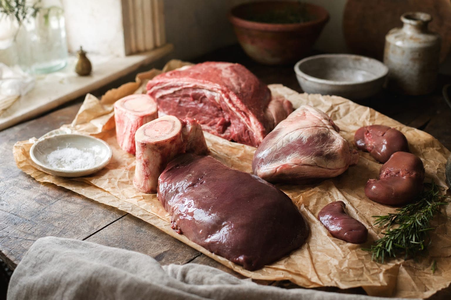 Raw liver and organ meat on a wooden board in warm light