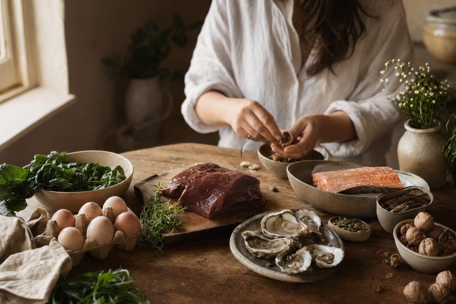 Hands preparing organ meat at a counter in warm light