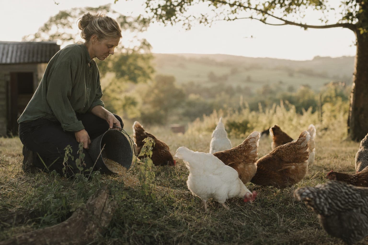 A farmer among free-range chickens in a green field at golden hour