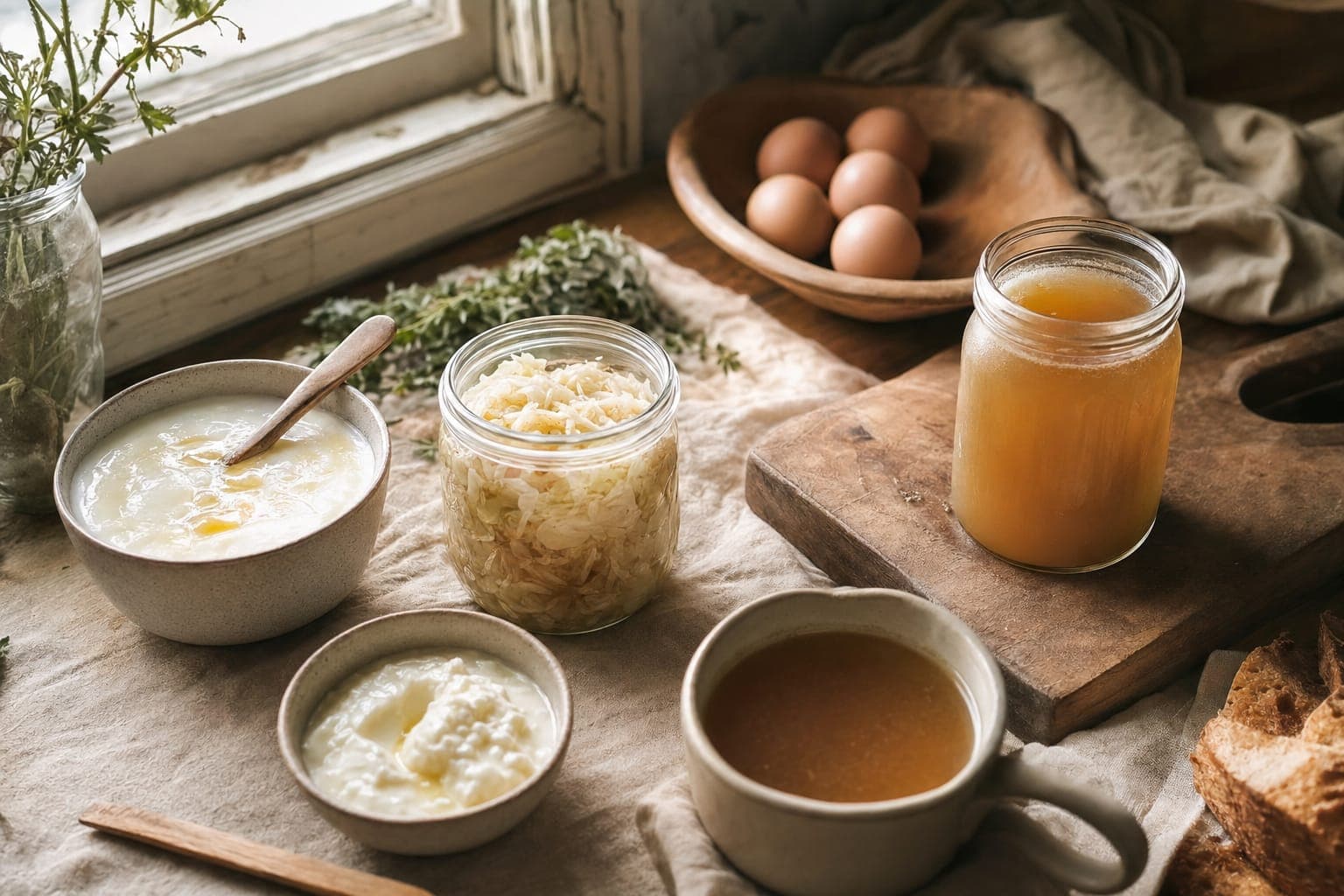 Jars of milk and oats on a kitchen counter in soft light