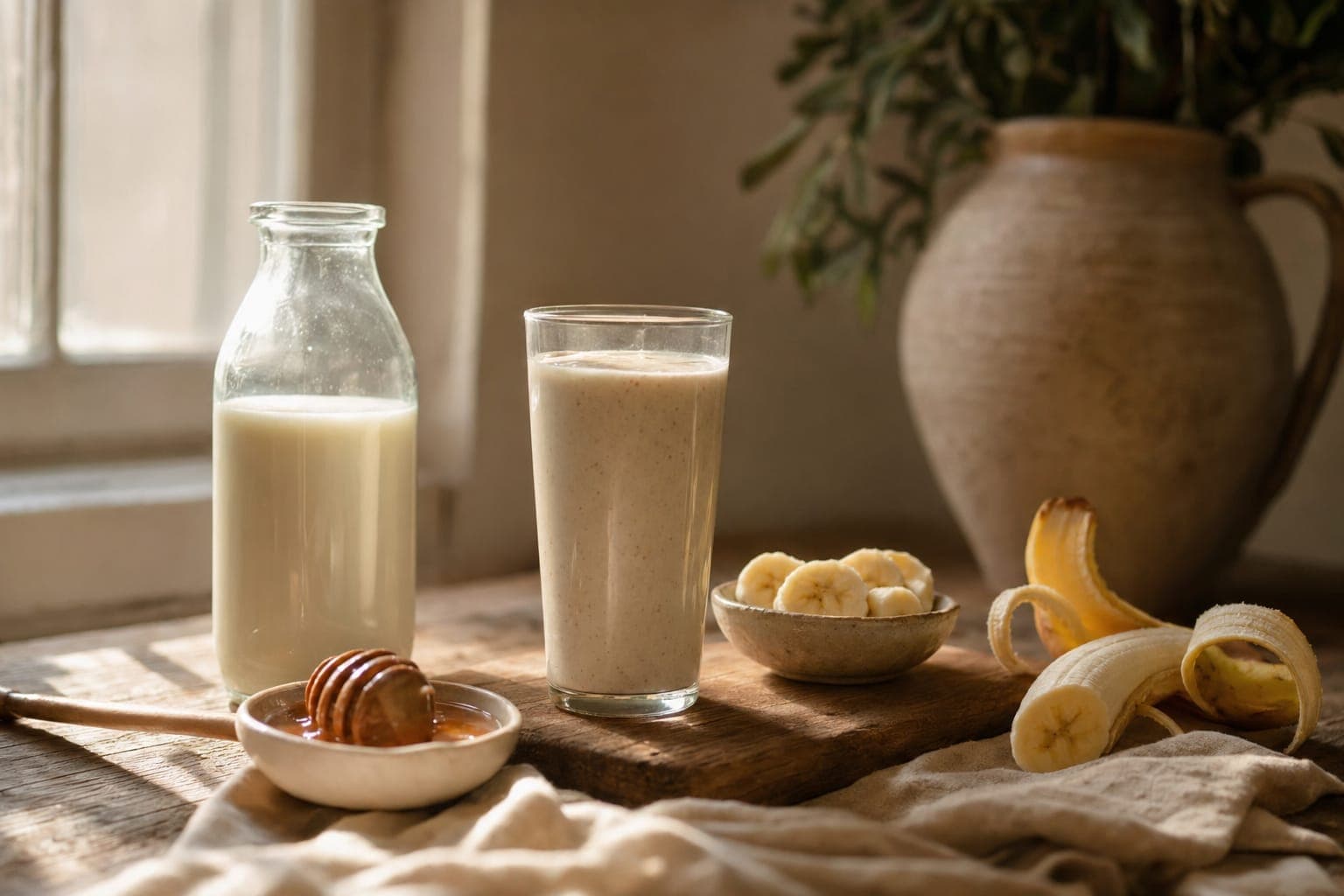 A jug and glass of milk with a board on a rustic table