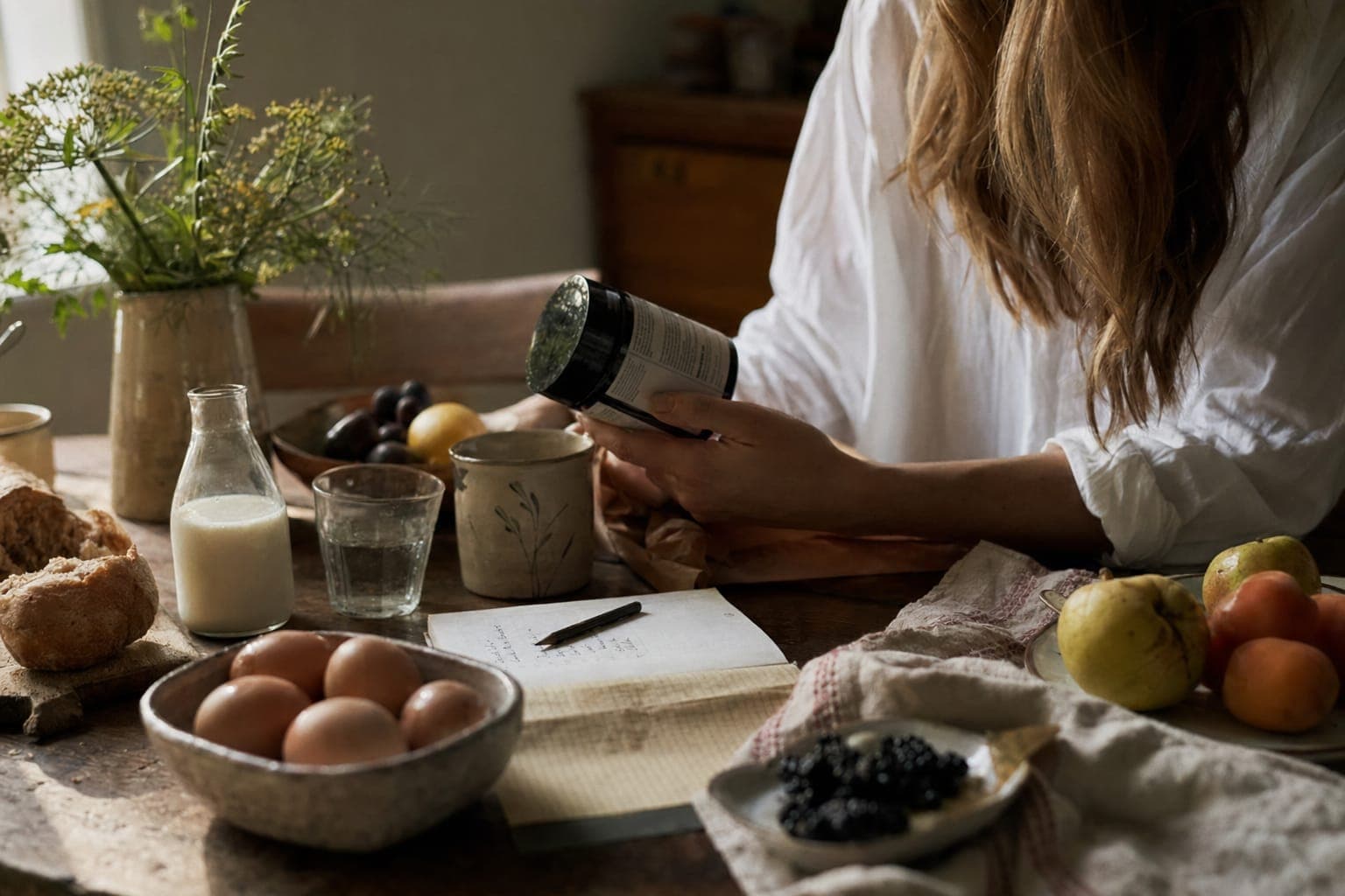 A woman with a laptop and fresh food at a table in soft light