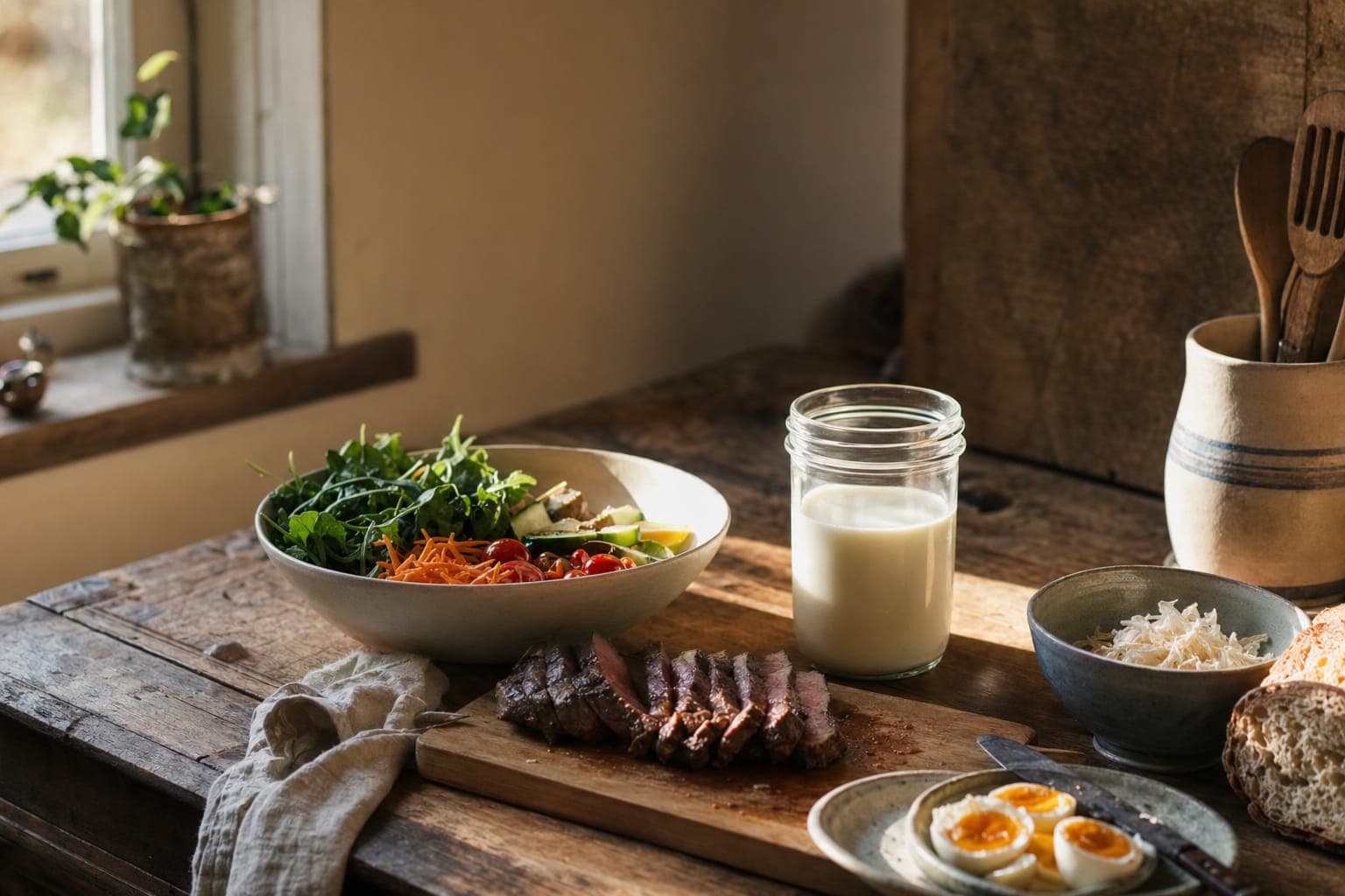 Greens, milk and meat on a kitchen counter in warm light