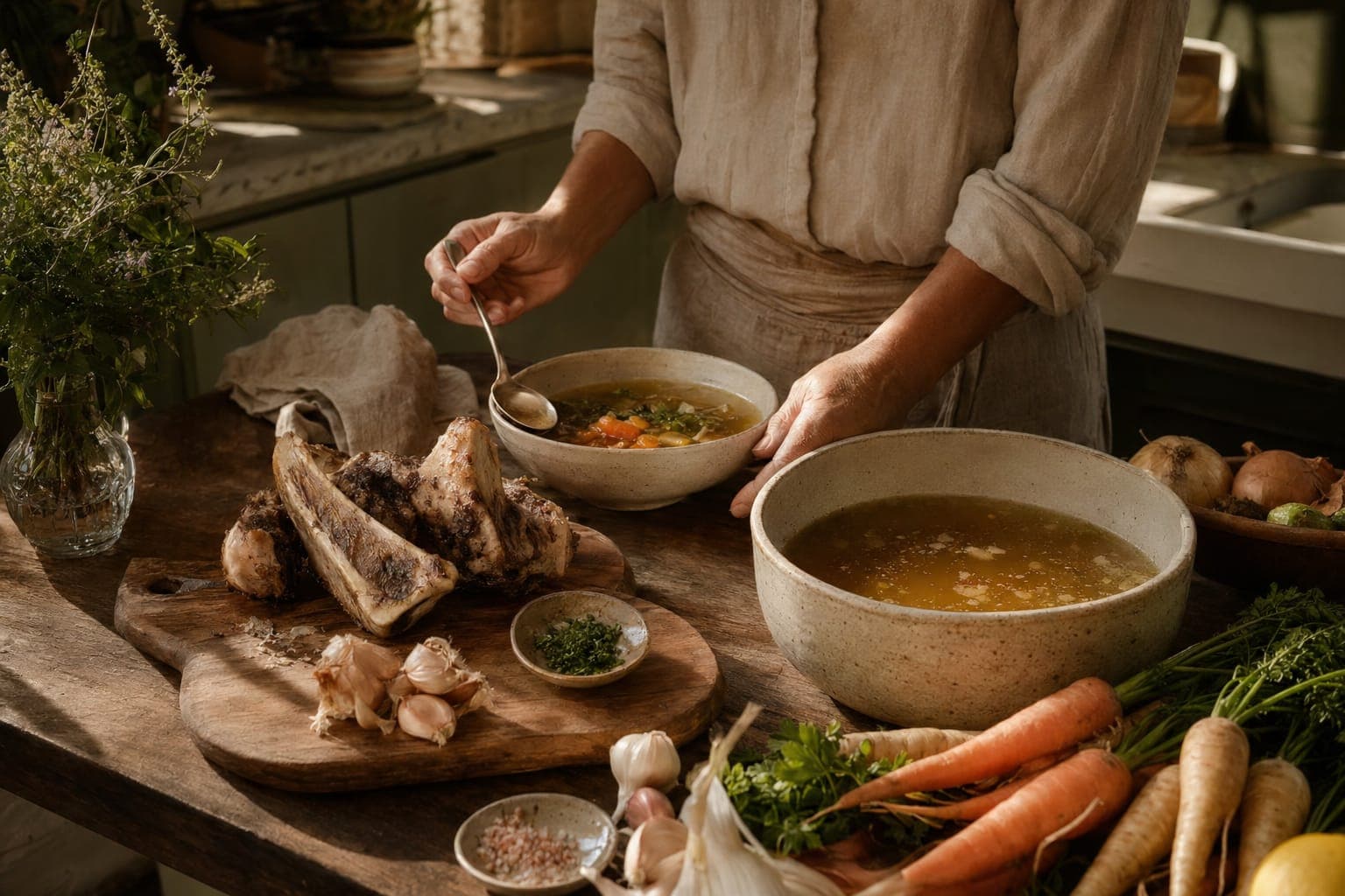 A pot of broth with vegetables on a rustic table in warm light