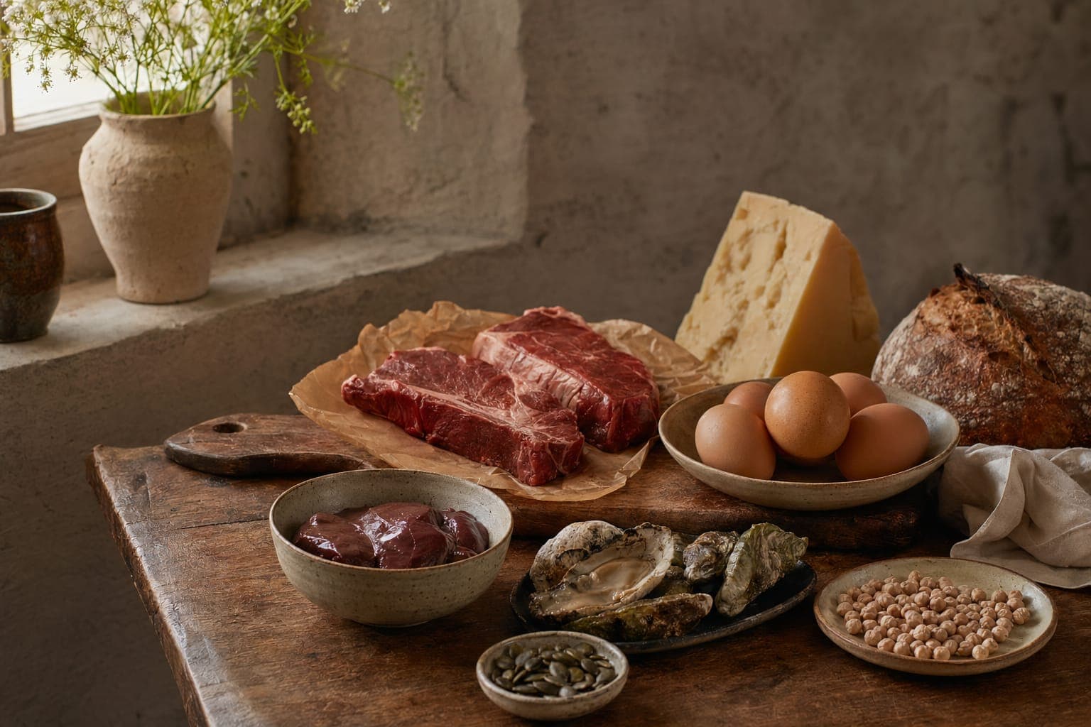 A spread of meat, eggs and nuts on a dark table