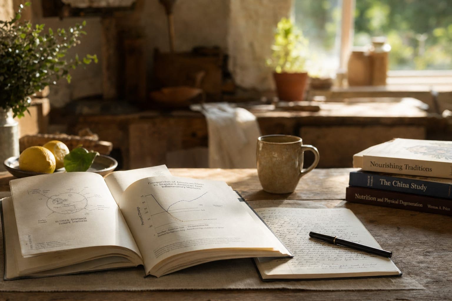 An open book on a wooden table in soft light