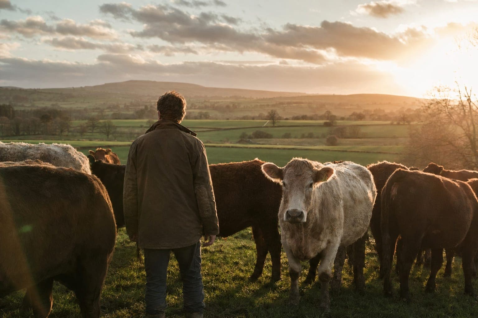 A farmer with cattle in a pasture at sunset