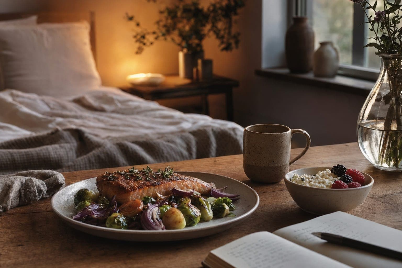 A plate of food on linen in soft warm light