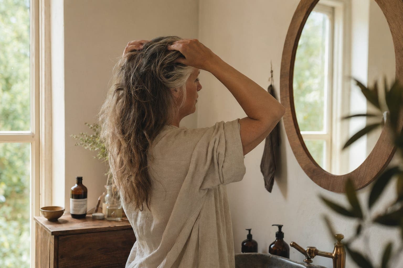 A woman touching her hair by a mirror in soft light