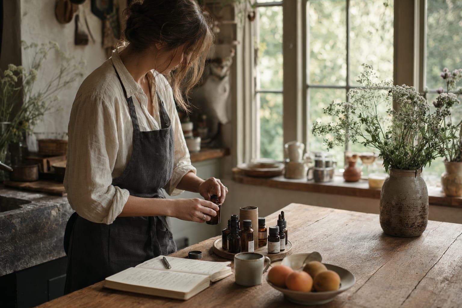 A man preparing food at a kitchen counter in soft light