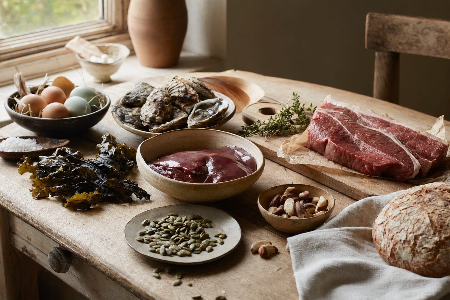 A spread of seafood and organ meats on a dark table