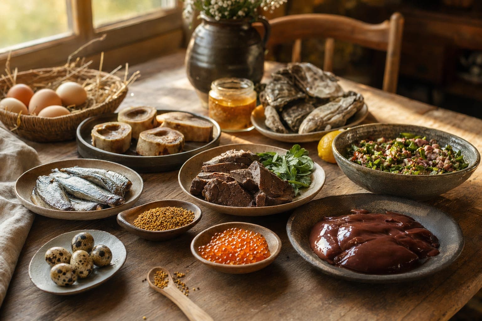 A spread of traditional whole foods on a rustic table