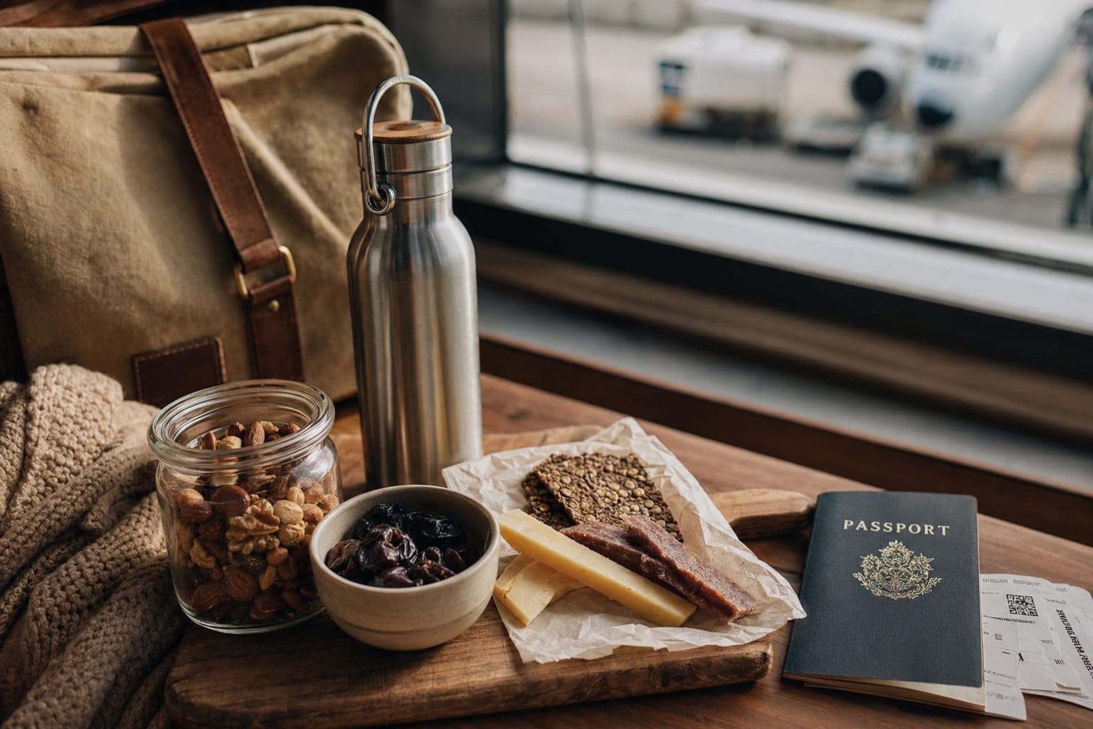 A travel flask and bowls of food on a wooden table in warm light