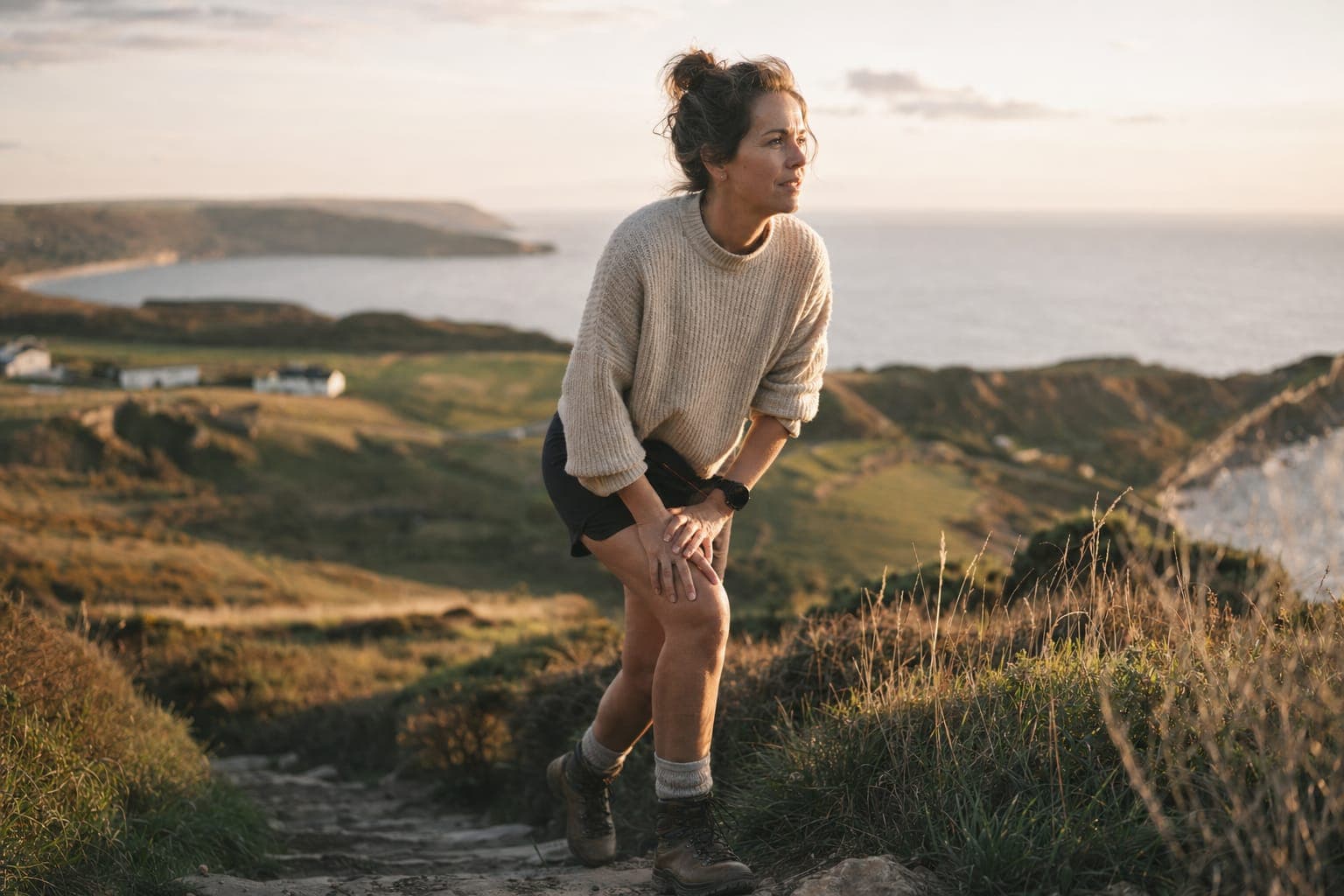 A person standing on a coastal path overlooking the sea