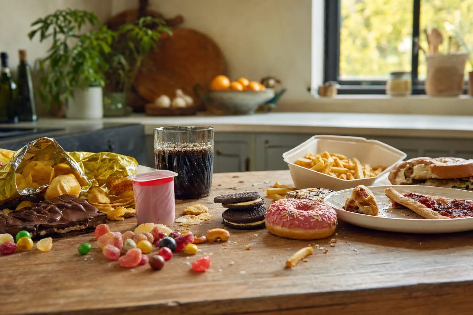 Charcuterie and fruit on a kitchen counter in warm light