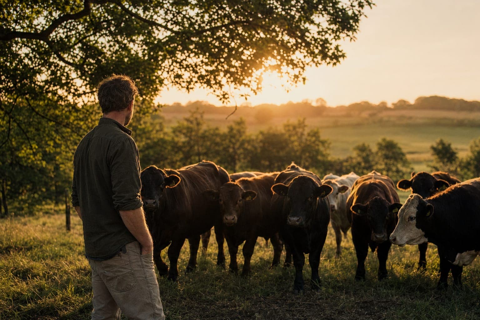 A farmer with cattle in a pasture at sunrise