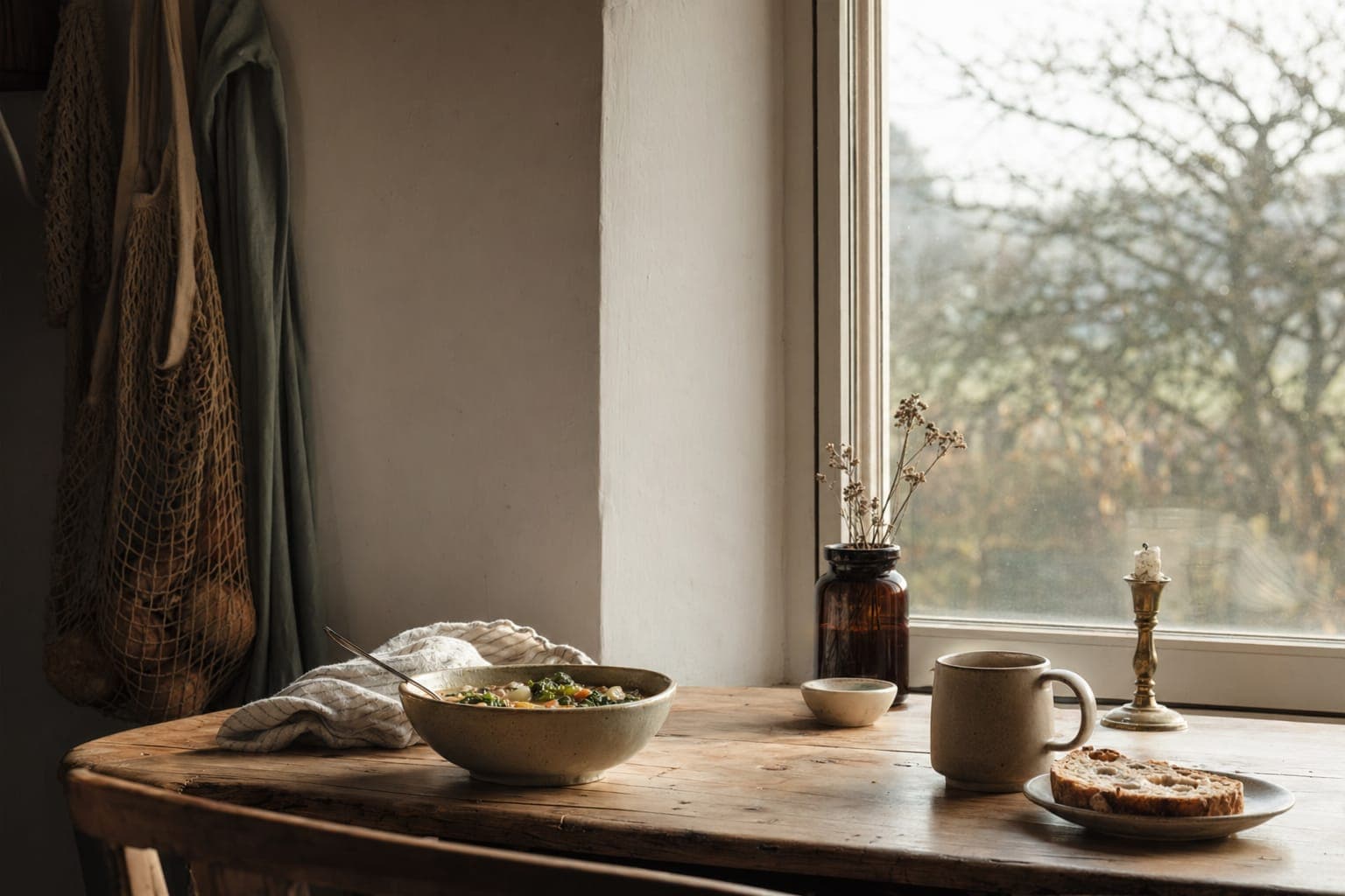 A sunlit kitchen window with food on the counter