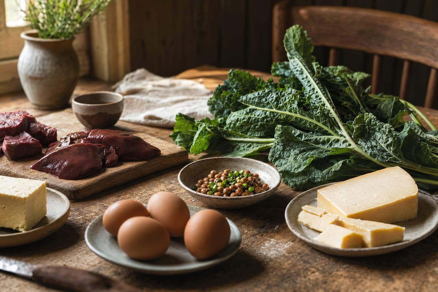 A spread of vegetables and meat on a wooden table