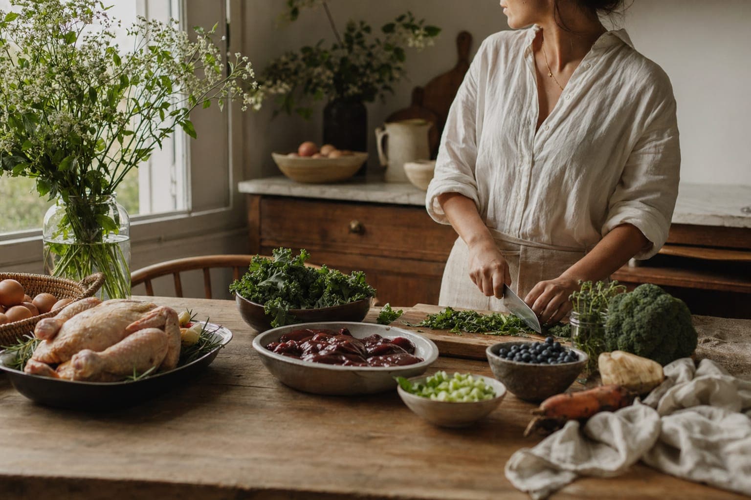 A person in a robe at a table of fresh food in soft light