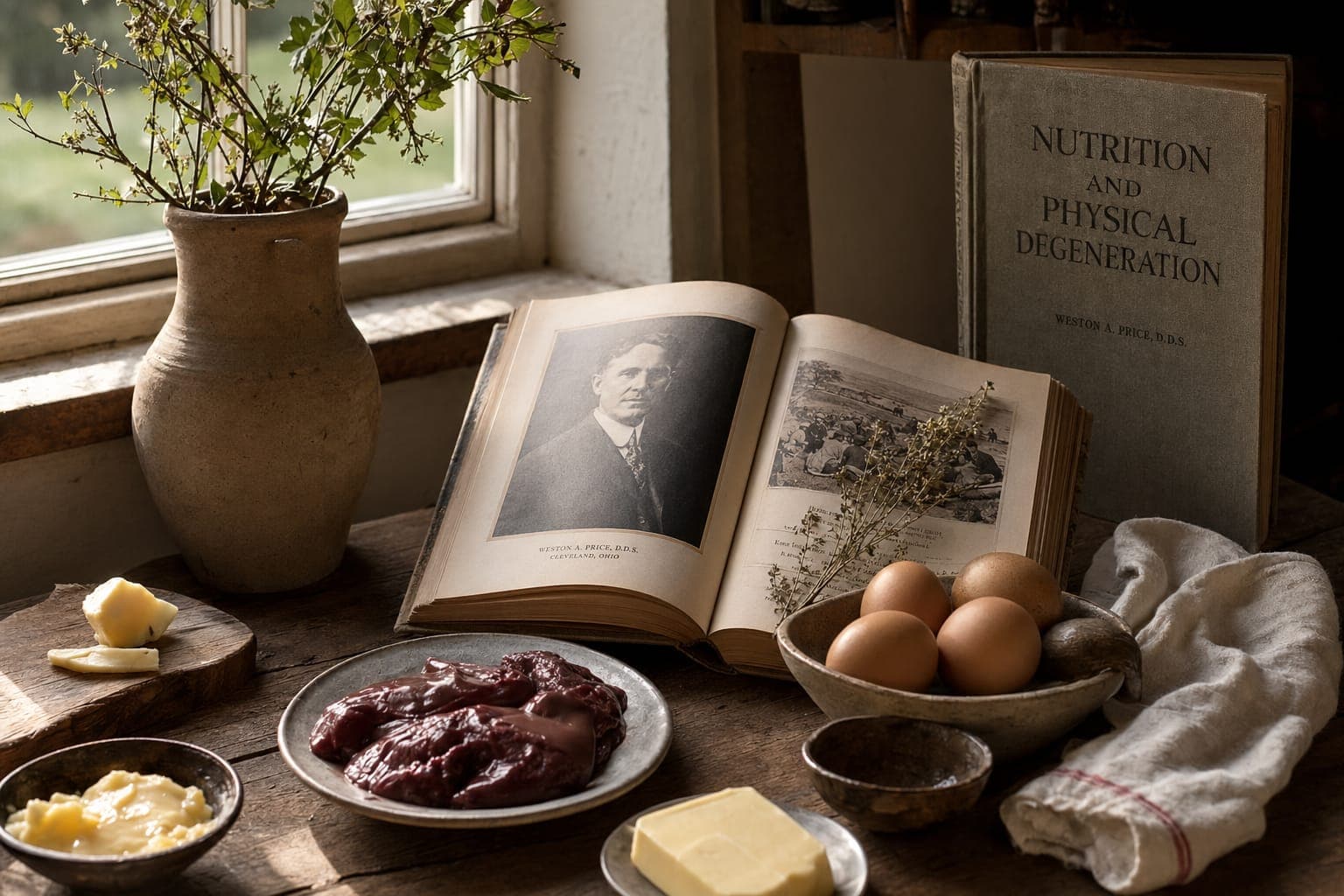 An open book with bowls of food on a rustic table