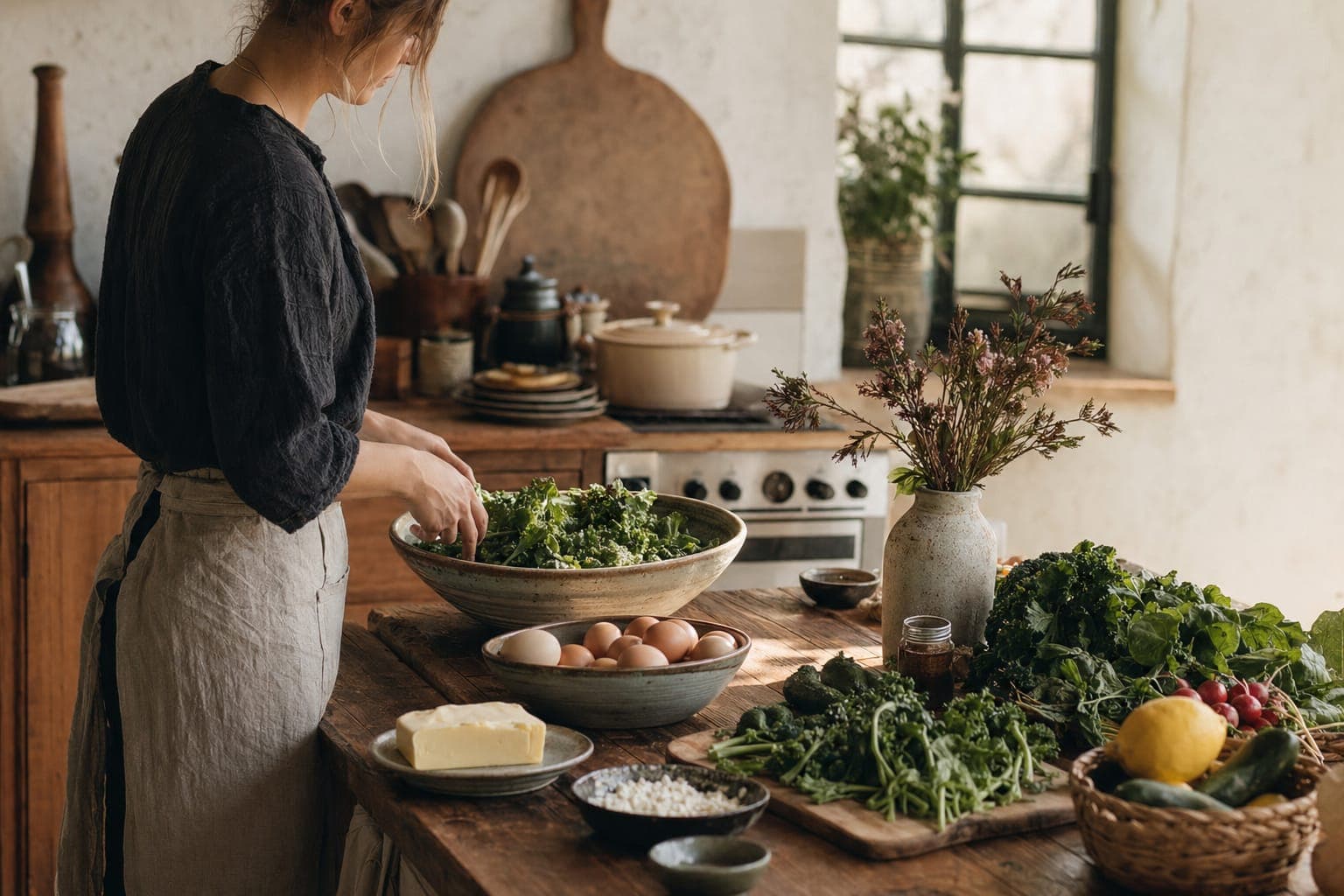 A man preparing greens at a kitchen counter in warm light