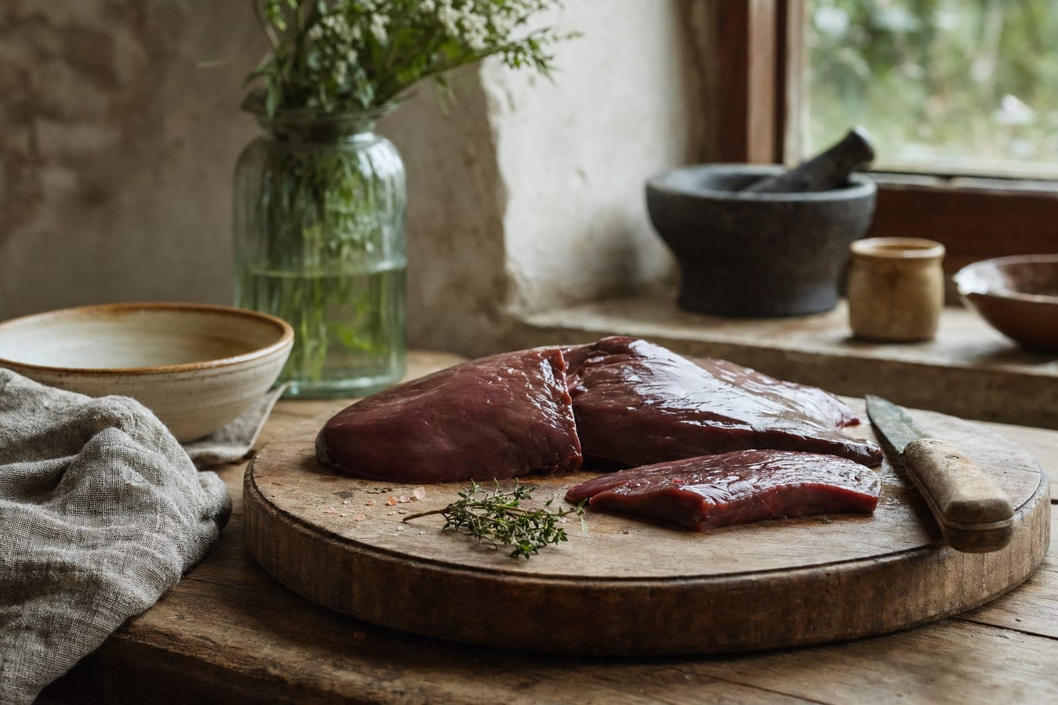 A plate of raw liver on a wooden board in warm light