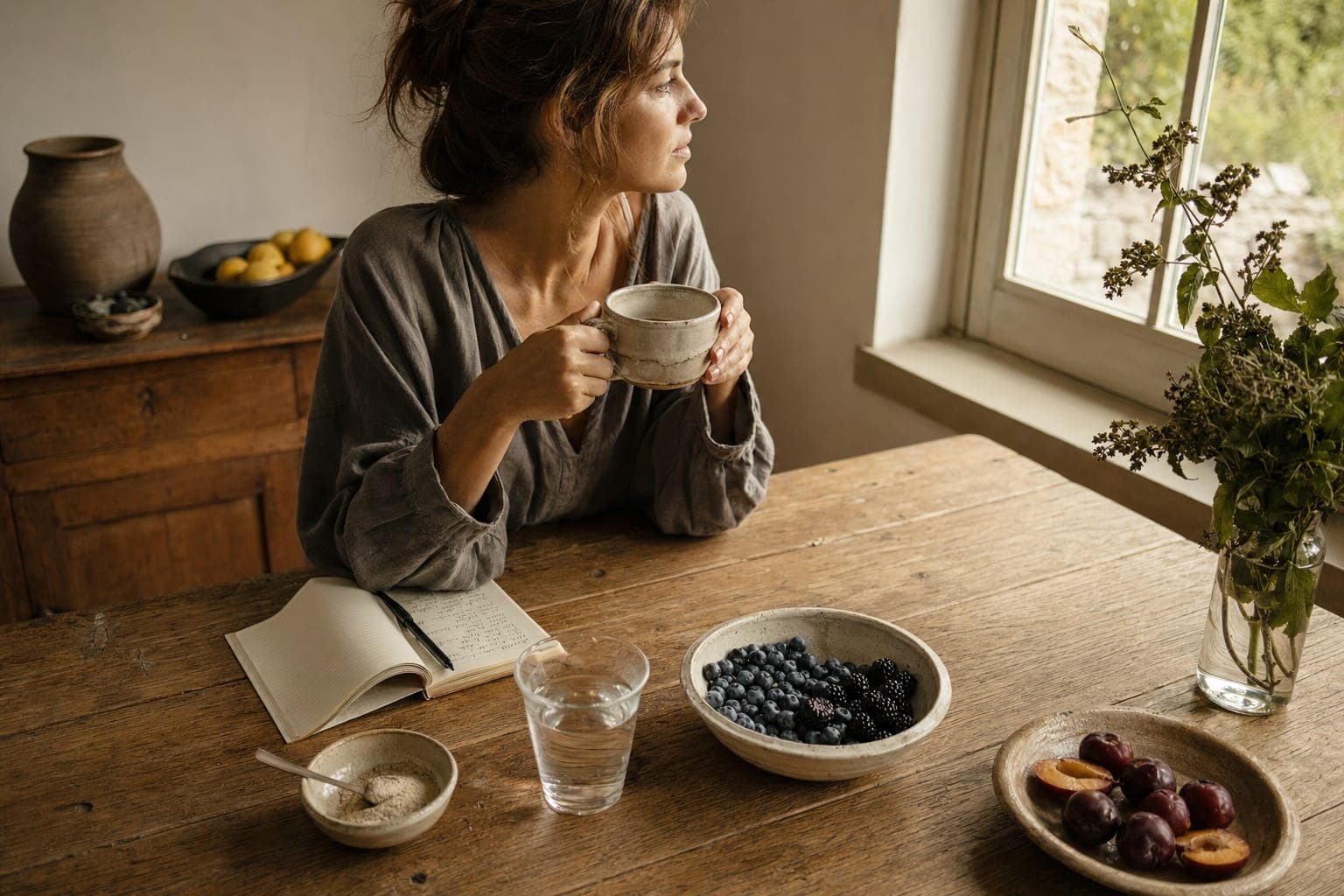 A woman reading at a table with a bowl of food in soft light