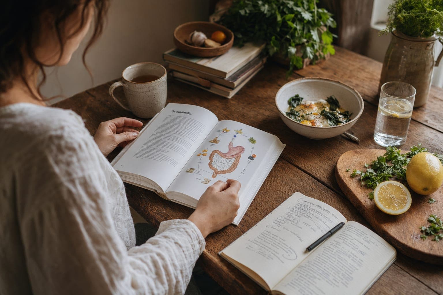 A woman reading at a kitchen counter with whole foods