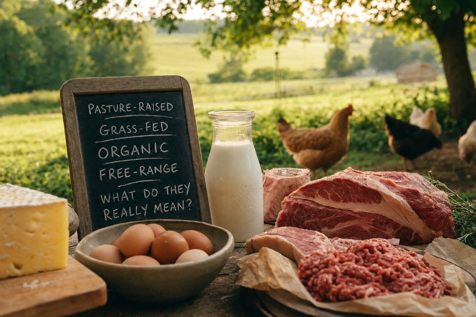 A chalkboard sign with milk, eggs and bread on a rustic table