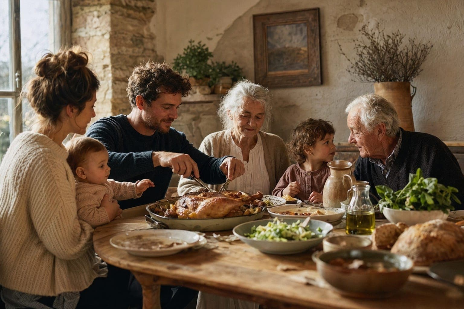 A family sharing a meal at a table in warm light